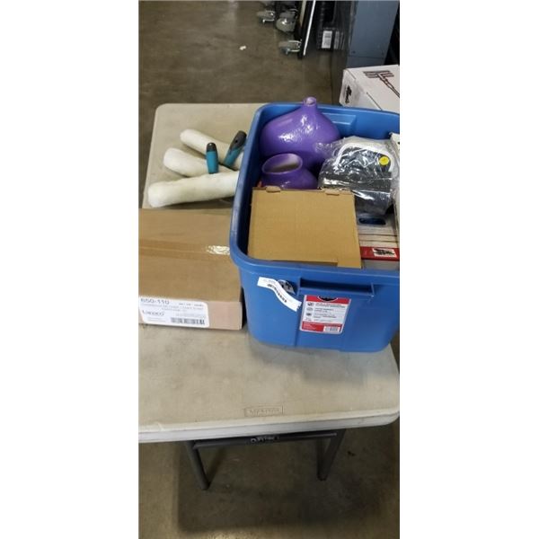 TOTE OF ASSORTED HOME GOODS, BLOOD PRESSURE MONITORS, AND CLEANING SUPPLIES