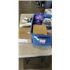 Image 1 : TOTE OF ASSORTED HOME GOODS, BLOOD PRESSURE MONITORS, AND CLEANING SUPPLIES