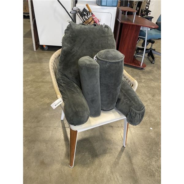 MODERN PATIO CHAIR, CUSHION BACK SUPPRT AND 2 LUMBAR PILLOWS