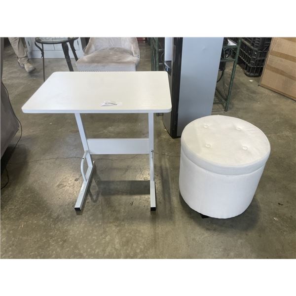WHITE ADJUSTABLE HEIGHT TABLE AND WHITE STORAGE ATTOMAN