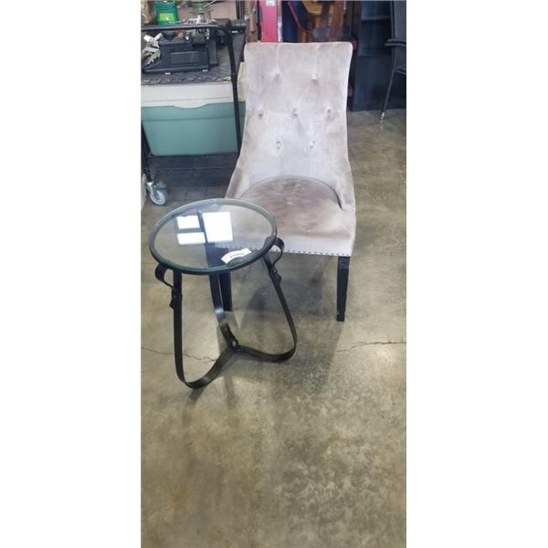 GREY TUFFED ACCENT CHAIR AND METAL SIDE TABLE