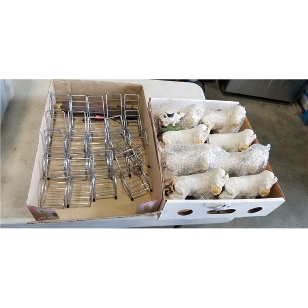 NEW DOG FIDURES AND TRAY OF METAL DOLL CHAIRS