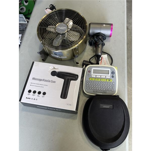 TABLE TOP FAN, LABEL PRINTER, MASSAGE GUN, HAIR DRYER, AND HEADPHONES