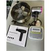 Image 3 : TABLE TOP FAN, LABEL PRINTER, MASSAGE GUN, HAIR DRYER, AND HEADPHONES