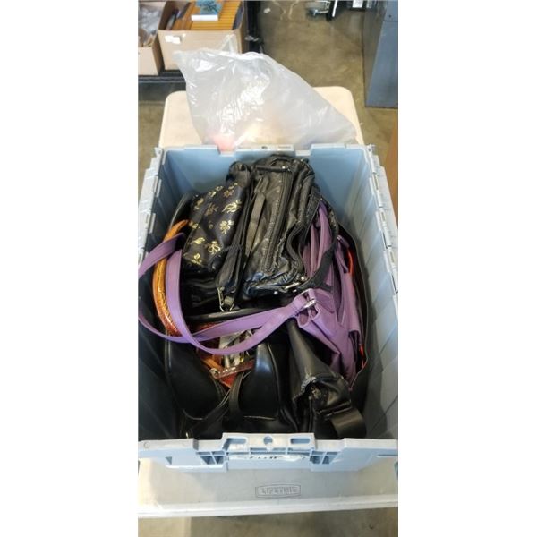 TOTE OF ASSORTED PURSES AND BAGS, AND NEW STUFFED ANIMALS INCLUDING TY'S