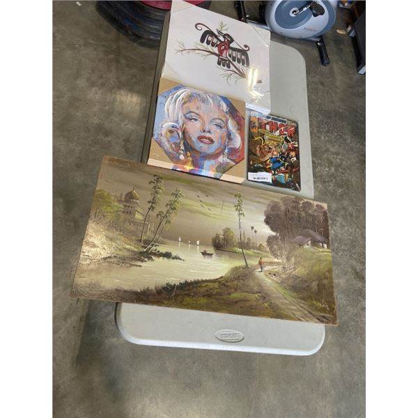 OIL PANINTING, CANVAS PRINT, AND TIN COMIC SIGN
