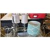 Image 1 : PAIR OF GLASS DECORATIVE TABLE LAMPS, ETRA SHADES AND CUT CRYSTAL LAMP