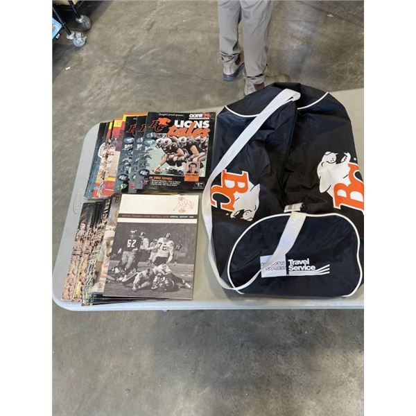 VINTAGE BC LIONS DUFFELL BAG AND MAGAZINES ETC