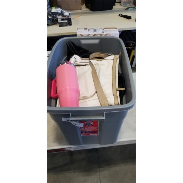 TOTE OF ASSORTED PURSES AND A WATER BOTTLE
