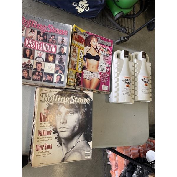 80S AND 90S ROLING STONES MAGAZINES AND 2 MALIBU RUM CASES OF CASSETTES