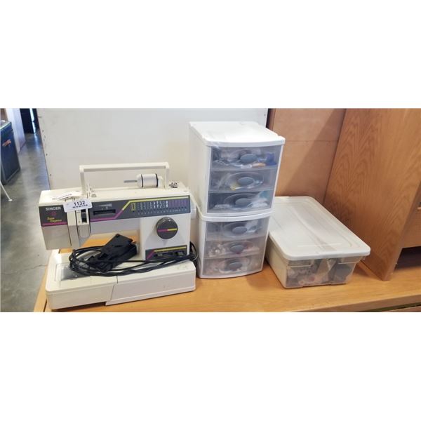 SINGER SUPER ELEGANCE SEWING MACHINE AND 3 PLASTIC ORGANIZERS WITH CRAFTING CONTENTS