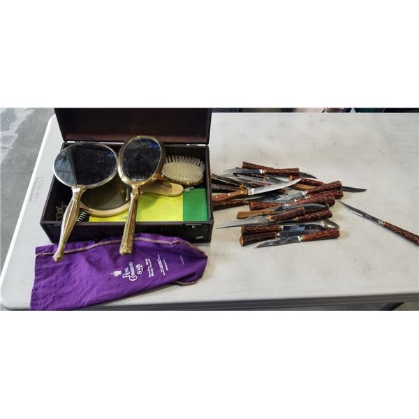 DECORATIVE WOOD CASE OF ANTIQUE VANITY BRUSH AND MIRROR SET, SERVING ITEMS ETC