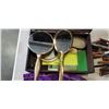 Image 2 : DECORATIVE WOOD CASE OF ANTIQUE VANITY BRUSH AND MIRROR SET, SERVING ITEMS ETC