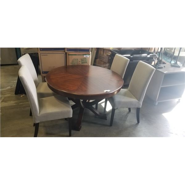 ROUND DIINING TABLE WITH 4 GREY FABRIC CHAIRS