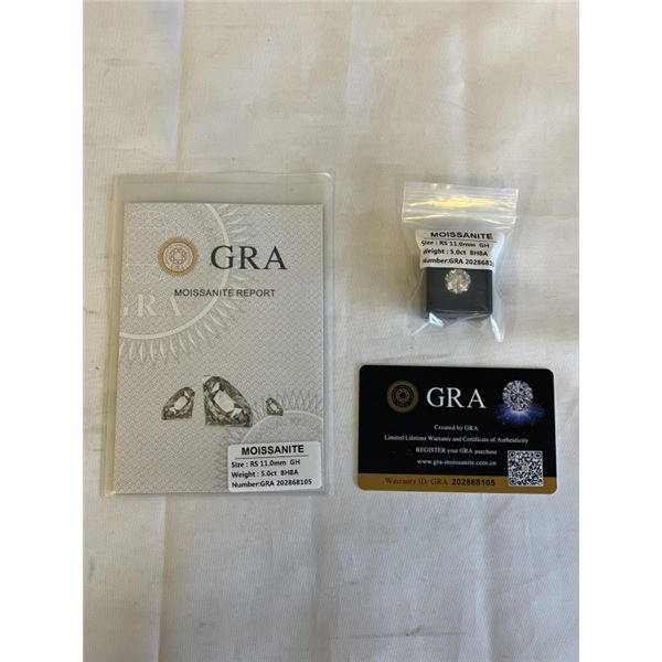 NEW 5.0CT MOISSANITE STONE, ROUND BRILLIANT CUT GH-VVS1, GRA REPORT, TESTS POSITIVE W/ DIAMOND TESTE
