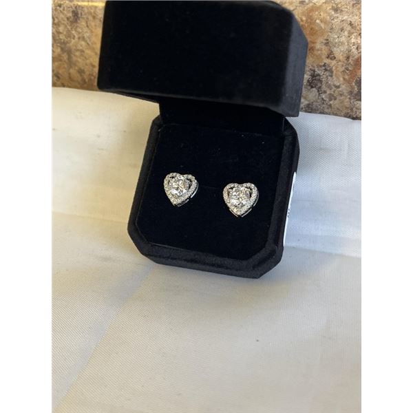 NEW S925 1.0CT EACH SIMULATED DIAMOND (CZ) HEART HALO STUD EARRINGS, MOUNTED IN 925 STERLING SILVER 