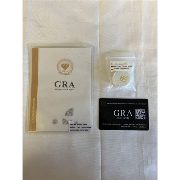 NEW 3.0CT LEMON YELLOW MOISSANITE STONE, ROUND BRILLIANT CUT VVS1, TESTS POSITIVE W/ DIAMOND TESTER 