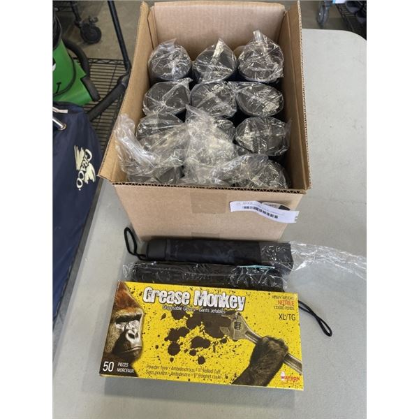 NEW TIN CANNISTERS, 2 NEW UMBRELLAS, AND CASE OF NITRILE GLOVES