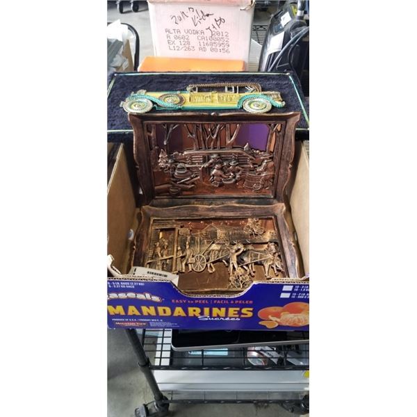 1932 PACKARD FRAMED STRING VEHICLE ART AND TWO COPPER WALL HANGINGS TRAVELERS BEST AND MAPLE SUGAR T