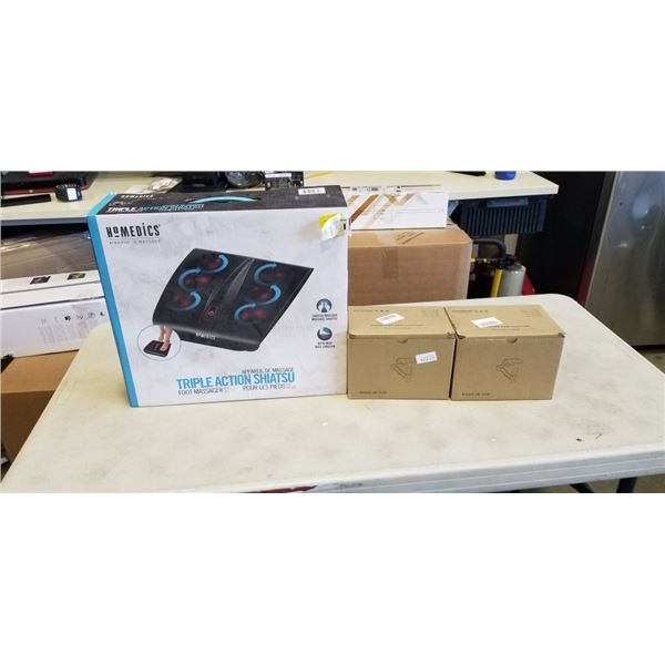 TRIPLE ACTION FOOT MASSAGER AND TWO CLAMP-ON ARM RESTS