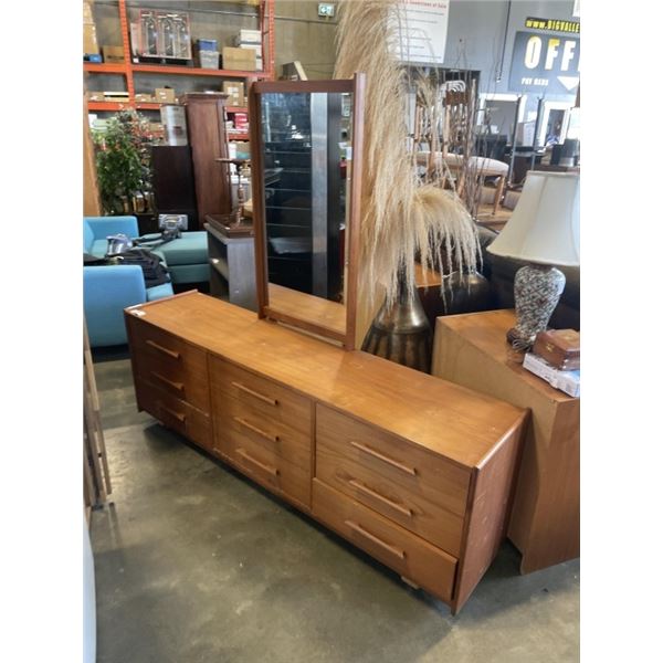 9 DRAWER MCM DRESSER ON WHEELS W/ MIRROR