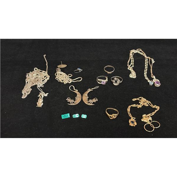 MISC JEWELRY (5.1G GOLD & 51.8G SILVER CONTENT) INCLUDES 1 EMERALD & 2 GREEN TOURMALINE GEMSTONES