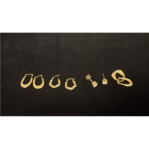 THREE PAIRS APPROX 14K HOOP EARRINGS, PAIR APPROX 14K EARRINGS SET WITH WHITE STONES (3.1G)
