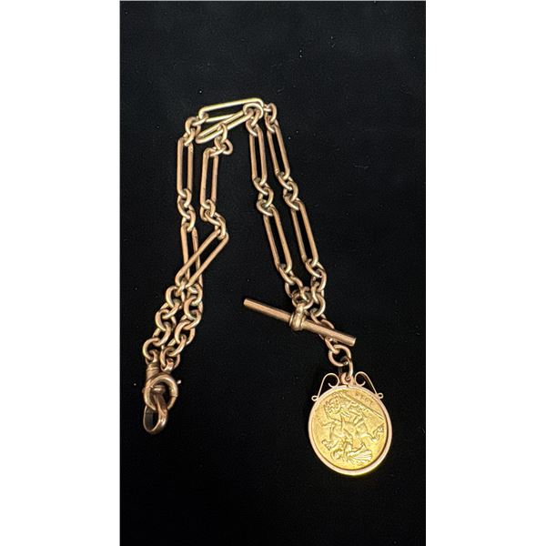 APPROX 9K WATCH CHAIN (16") WITH APPROX 9K FOB SET WITH 1915 UK GOLD HALF-SOVEREIGN (18.2G)