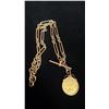 Image 1 : APPROX 9K WATCH CHAIN (16") WITH APPROX 9K FOB SET WITH 1915 UK GOLD HALF-SOVEREIGN (18.2G)