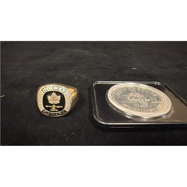 HOCKEY CANADA SILVER MENS RING (13.6G), CALGARY CENTENNIAL SILVER DOLLAR