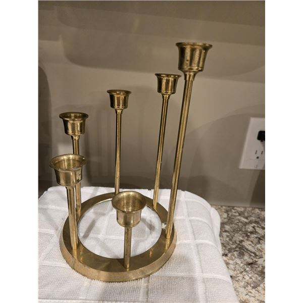 05 - Vintage brass graduated height candle holder.  6 candle arms.  Solid brass, made in Taiwan.  Ta