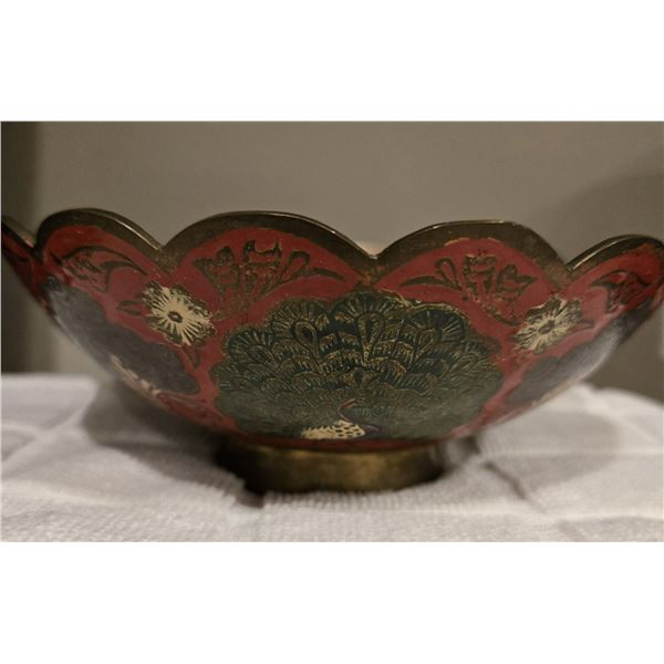 07 - Vintage brass, scalloped bowl with enamel inlay, I think Cloisonne technique.  1940s.  6" acros