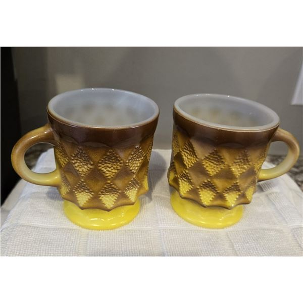 13 - 2 vintage FireKing Kimberly Diamond yellow and brown stacking coffee mugs.  Exc. Condition.
