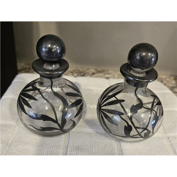 25 - Vintage Art Nouveau perfume bottles - sterling silver overlay design on clear glass.  4" tall.