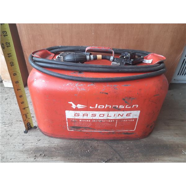 Vintage Johnson outboard motor 6-gallon fuel tank with a red metal body and integrated fuel line.