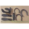Image 1 : Various types of antique farrier and blacksmith tools, including several horseshoes and cobbler's sh