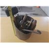 Image 1 : Vintage industrial metal bucket filled with assorted old hand tools.