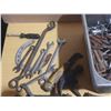 Image 6 : Vintage hand tools lot featuring a variety of wrenches, a hole punch, and drill bits.