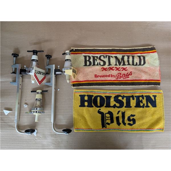 (2) Antique Bar Towels from Scotland  Plus Bottle Pouring Stacks