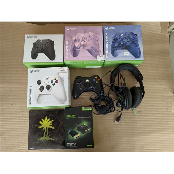 (5) Used Xbox Controllers (4) Xbox One/Series S and X and (1) Xbox 360 Plus Audio Adapters, and Head