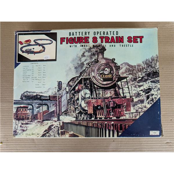 Vintage Tin Battery Operated Figure Train Set 9Excellent Condition)  w/ Smoke Whistle and Trestle )