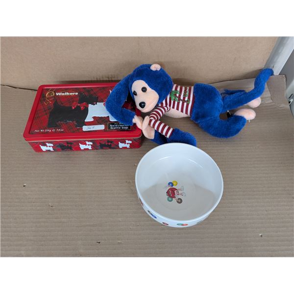 Short Bread Tin From Scotland, M&M Bowl, and Money w/ Banana