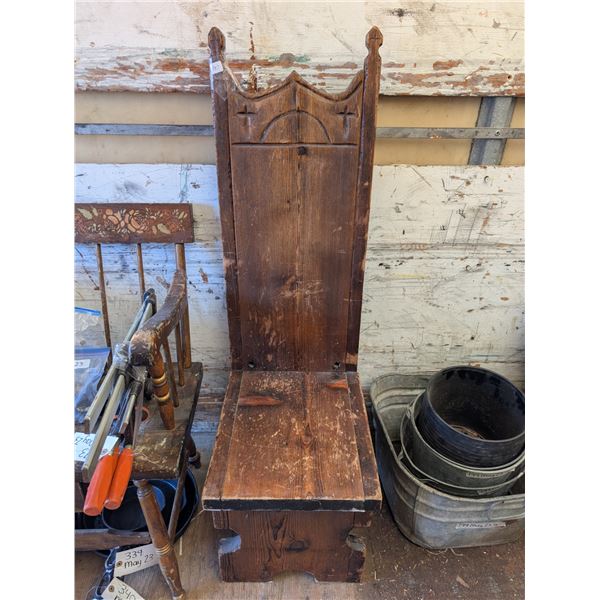 Old High Back (48" H) Alter Boy Chair (church) Plus Old Wood Carving (W/ Crack)