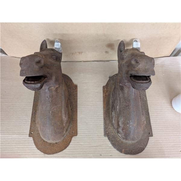 (2) Antique Heavy Iron Entrance Gate Horse Busts 16x11x7"