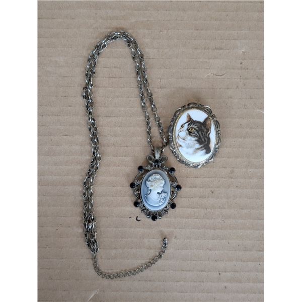 Old Bust Necklace  Plus Cat Brooch Porcelain