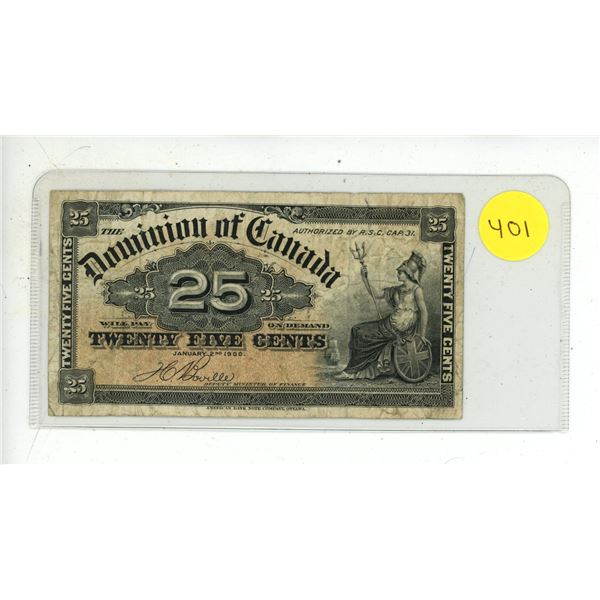 1900 Dominion of Canada 25 Cents Shinplaster.