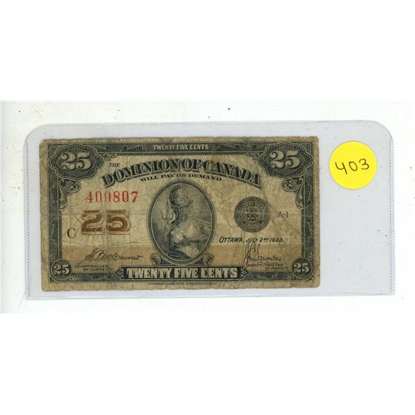 1923 Dominion of Canada 25 Cents Shinplaster.