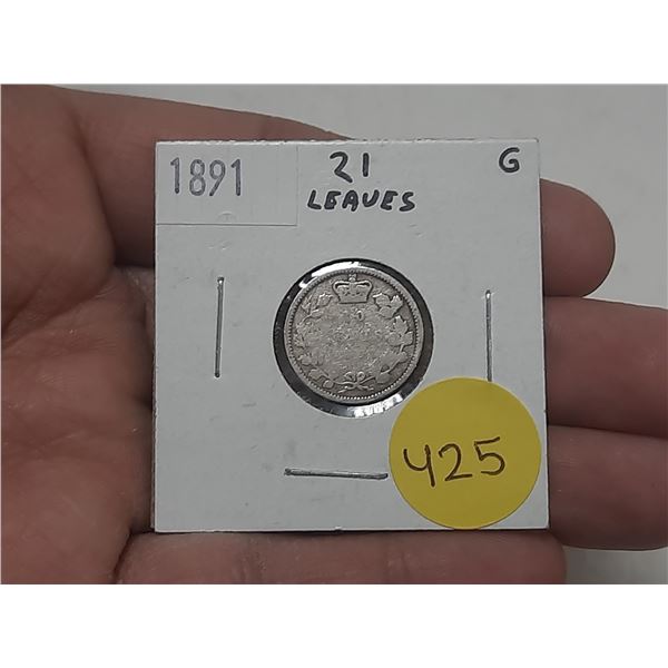 1891 Canada Silver 10 Cents - 21 Leaves.