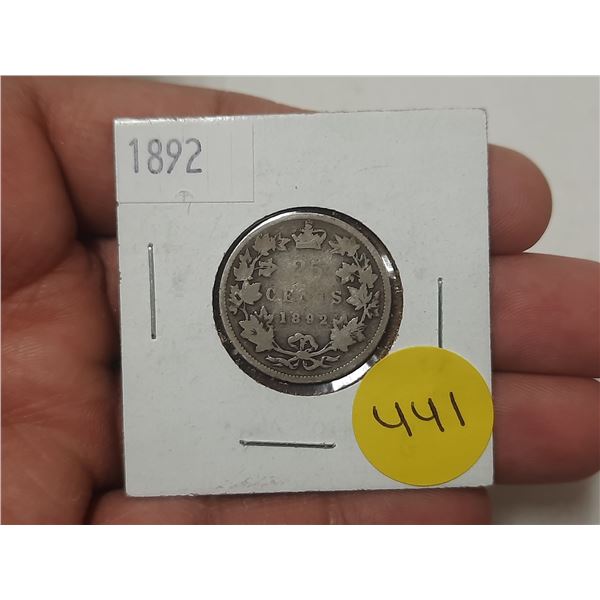 1892 Canada Silver 25 Cents.