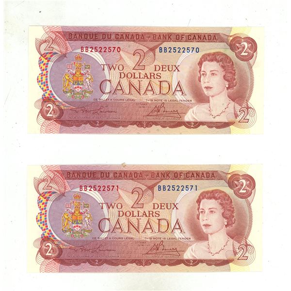 (2) 1974 Canada Two Dollars - In Sequence. (Uncirculated).